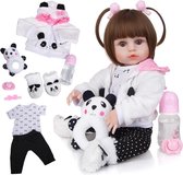Reborn baby pop 'Leonie' - 48 cm - Meisje met panda outfit, speen, fles - Soft silicone - Levensechte babypop