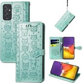 Voor Galaxy A82 5G Leuke Kat en Hond Reliëf Horizontale Flip Lederen Case met Houder & Kaartsleuven & Portemonnee & Lanyard (Groen)