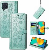 Voor Gaxlay M32 Leuke Kat en Hond Reliëf Horizontale Flip Lederen Case met Houder & Kaartsleuven & Portemonnee & Lanyard (Groen)