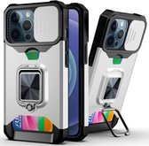 Sliding Camera Cover Design PC + TPU schokbestendig hoesje met ringhouder en kaartsleuf voor iPhone 13 Pro Max (zilver)