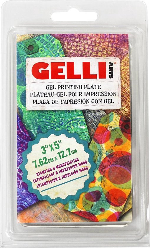 Gelli Arts gel drukplaat 3"x5" met kleurrijke abstracte patronen in groen, paars en oranje.
