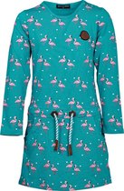 Meisjes jurk turquoise flamingoprint lange mouwen | Maat 128/ 8Y