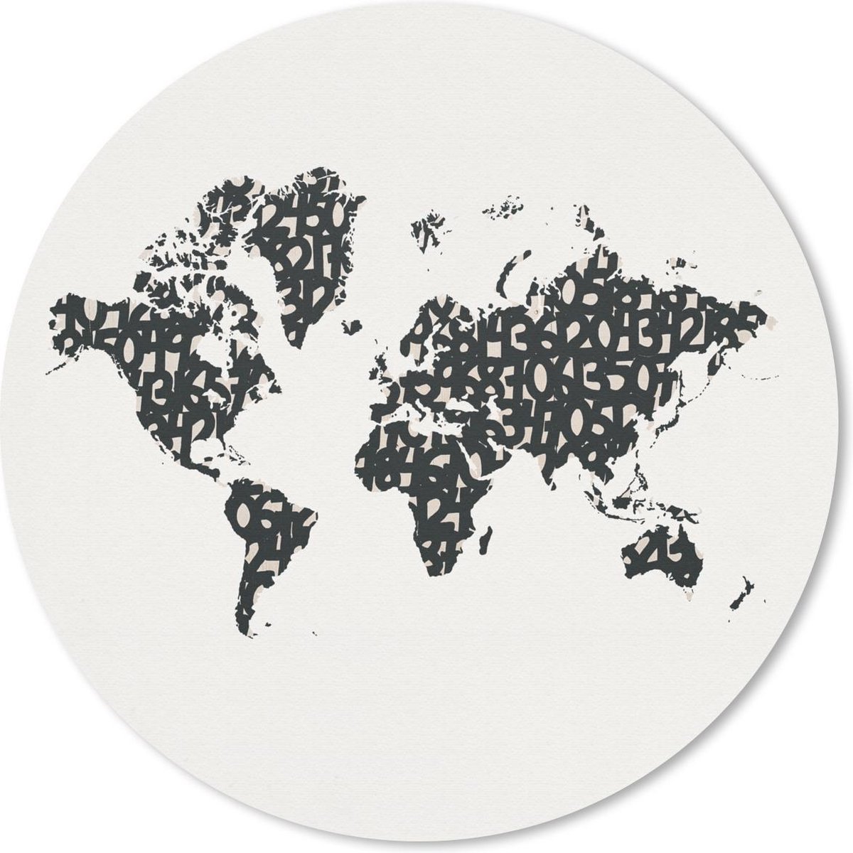 Muismat rond 40x40 cm - Mousepad Wereldkaart - Zwart - Wit - Cijfers - Ronde muismatten
