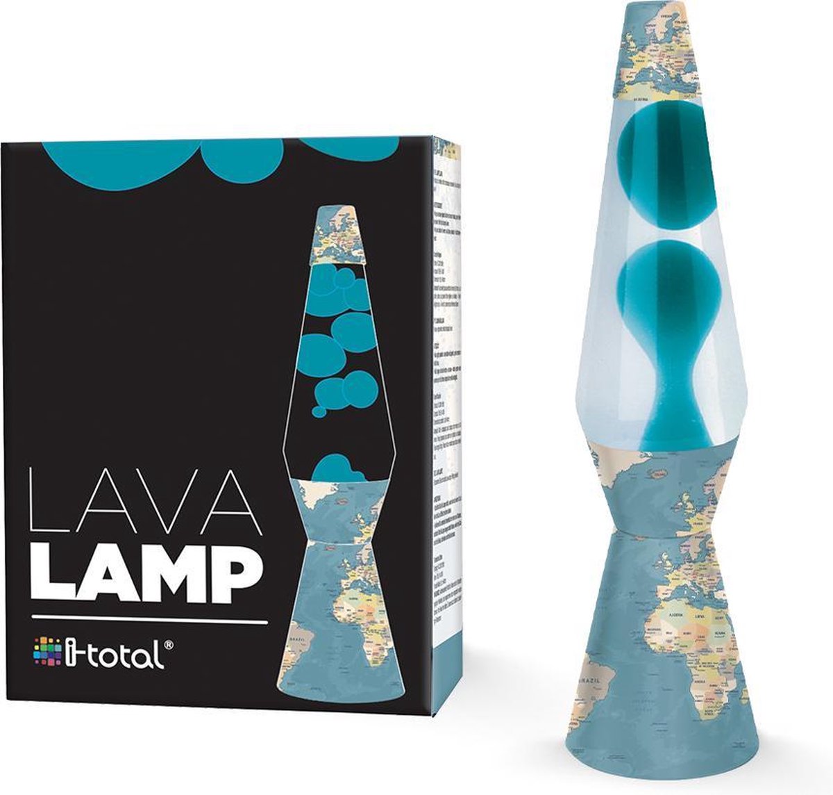 i-Total lavalamp conisch voet | blauwe wereldmap | blauwe lava transparante vloeistof
