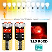 T10 Led Lamp Rood (Set 2 stuks) 1000K Canbus 5W5 | W5W | Led Signal Light | 12V | 168 | 194 | 2x | Stadslicht | Kentekenplaat Verlichting | 3030 6 SMD | Autolamp | Kelvin | Autolam