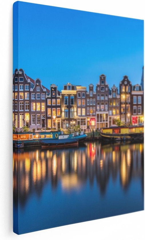 Artaza Canvas Schilderij Amsterdamse Huisjes In De Avond Met Lichten - 60x80 - Foto Op Canvas - Canvas Print