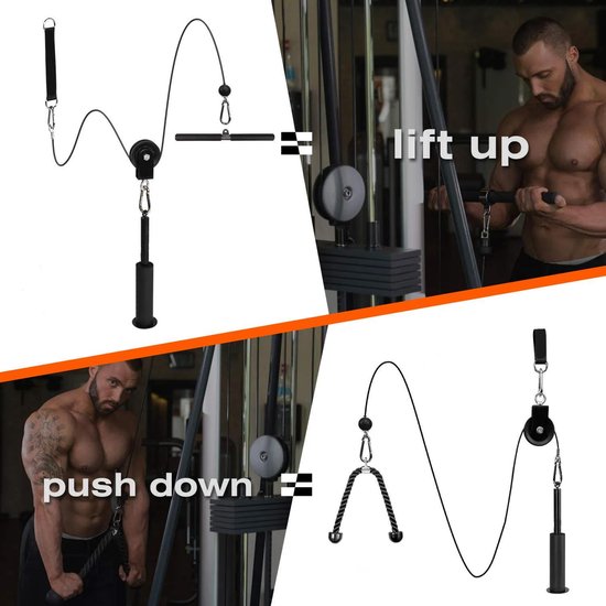 Fitness kabelsysteem – Thuis sporten met een XL kabel set – katrol – stang – triceps touw – home gym krachttraining station - lat pulley - Inclusief handleiding