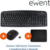 Ewent Toetsenbord en Muis + Muismat - USB Toetsenbord QWERTY Multimedia toetsen - Draadloze Muis | Startset