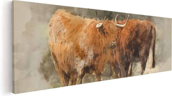 Artaza Canvas Schilderij Twee Schotse Hooglander Koeien - Abstract - 120x40 - Groot - Foto Op Canvas - Canvas Print