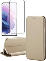 Hoesje geschikt voor Samsung Galaxy S21 FE - Book Case Lederen Wallet Cover Minimalistisch Pasjeshouder Hoes Goud - Full Tempered Glass Screenprotector