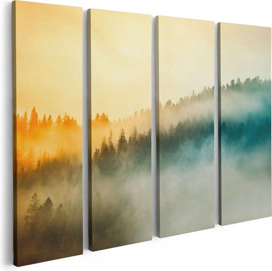 Artaza - Quadriptyque de peinture sur toile - Lever de soleil coloré dans la forêt avec brouillard - 80x60 - Photo sur toile - Impression sur toile