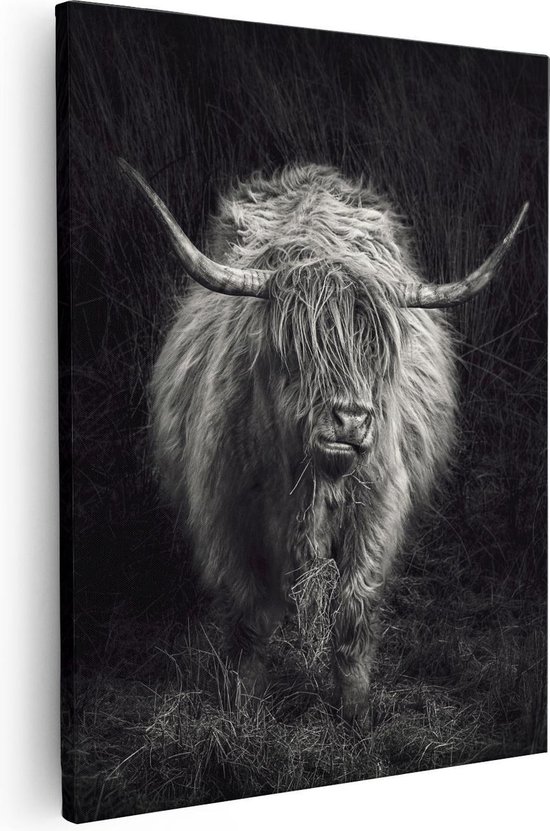 Artaza - Canvas Schilderij - Schotse Hooglander Koe - Zwart Wit - Foto Op Canvas - Canvas Print