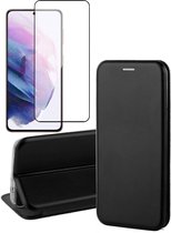 Samsung Galaxy S21 FE Hoesje - Book Case Lederen Wallet Cover Minimalistisch Pasjeshouder Hoes Zwart - Full Tempered Glass Screenprotector