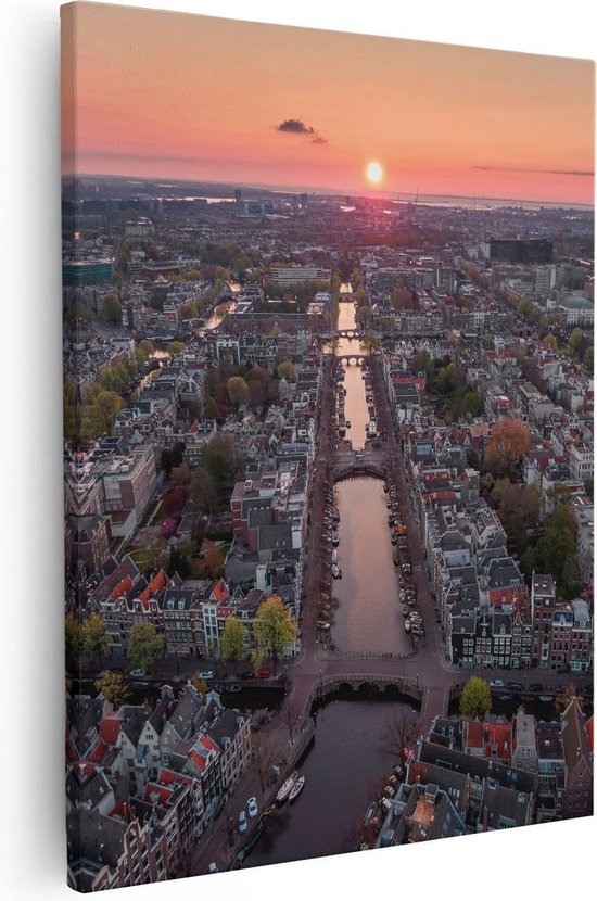 Artaza Canvas Schilderij Bovenaanzicht Amsterdam Met Zonsondergang - 40x50 - Foto Op Canvas - Canvas Print