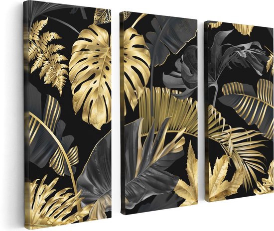 Artaza Canvas Schilderij Drieluik Gouden Tropische Bladeren - 120x80 - Foto Op Canvas - Canvas Print