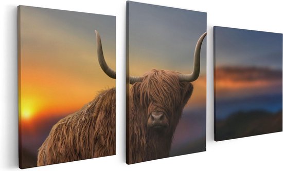 Artaza - Triptyque de peinture sur toile - Vache Highlander écossaise sur une colline - 120x60 - Photo sur toile - Impression sur toile
