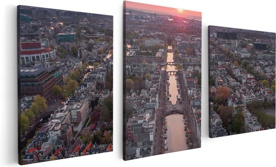Artaza Canvas Schilderij Drieluik Bovenaanzicht Amsterdam Met Zonsondergang - 120x60 - Foto Op Canvas - Canvas Print