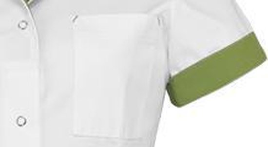 Witte Berkel zorgjas met groene randen aan de mouwen en een opgestikte borstzak.