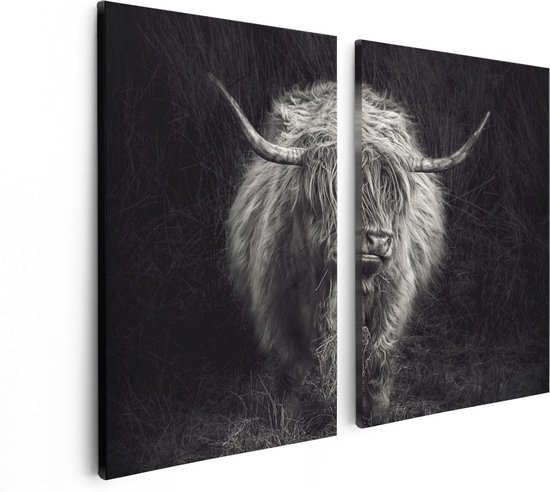 Artaza Canvas Schilderij Tweeluik Schotse Hooglander Koe - Zwart Wit - 80x60 - Foto Op Canvas - Canvas Print