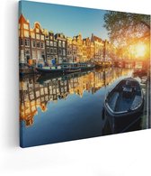 Artaza Canvas Schilderij Amsterdamse Gracht Bij Zonsondergang - 50x40 - Foto Op Canvas - Canvas Print