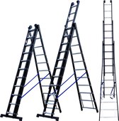 ALDORR Professional 3-delige Uitgebogen Reformladder 3x11 - Hoogte 7,40 meter - Extra stabiel door uitgebogen bomen - Zwart