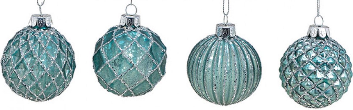 Glazen Kerstballen Met Glitters - Turkoois / Zilver - Diameter 6cm - 12 Stuks