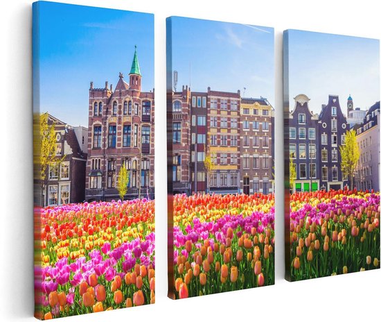 Artaza Canvas Schilderij Drieluik Amsterdamse Huisjes Met Tulpen - Kleur - 120x80 - Foto Op Canvas - Canvas Print