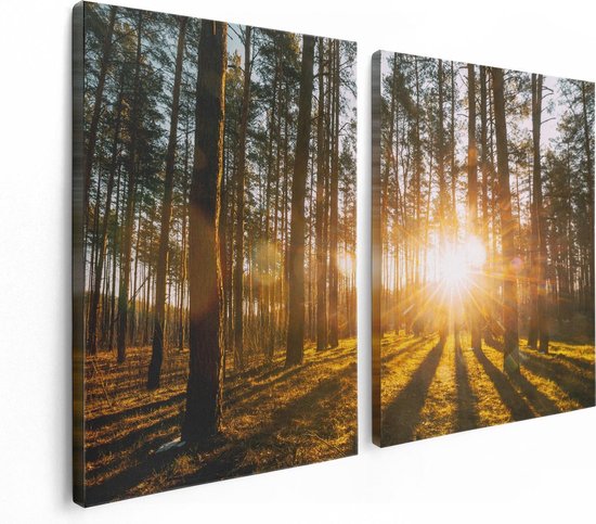 Artaza Canvas Schilderij Tweeluik Zonsopkomst In Het Bos Tussen De Bomen - 120x80 - Foto Op Canvas - Canvas Print