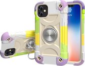 Schokbestendige siliconen + pc-beschermhoes met dubbele ringhouder voor iPhone 11 (kleurrijk beige)