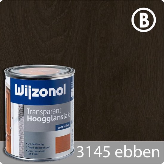 Blik Wijzonol Transparant Hoogglanslak "3145 ebben" voor buiten, met donkerbruine houtnerf achtergrond.