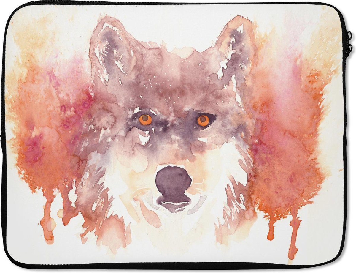 Laptophoes 17 inch - Wolf - Aquarel - Wit - Laptop sleeve - Binnenmaat 41x28 cm - Zwarte achterkant