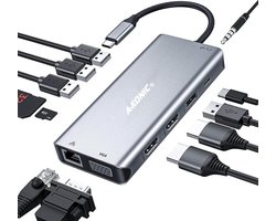 A-KONIC© 12 in 1 USB C Docking station -met Dual HDMI (4K), Ethernet RJ45, VGA, 4x USB 3.0 (thunderbolt), Usb-C, Micro / SD kaartlezer, Adio Jack 3.5mm, - Hub - Voor Macbook Pro / Air, HP, Dell en meer – Spacegrey