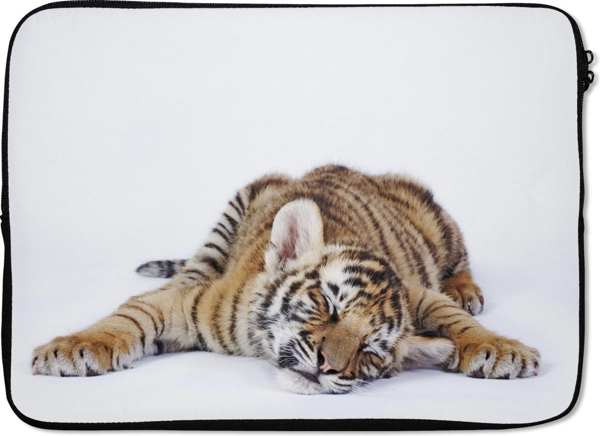 Laptophoes 14 inch 36x26 cm - Slapende Baby Dieren - Macbook & Laptop sleeve Slapende tijger - Laptop hoes met foto