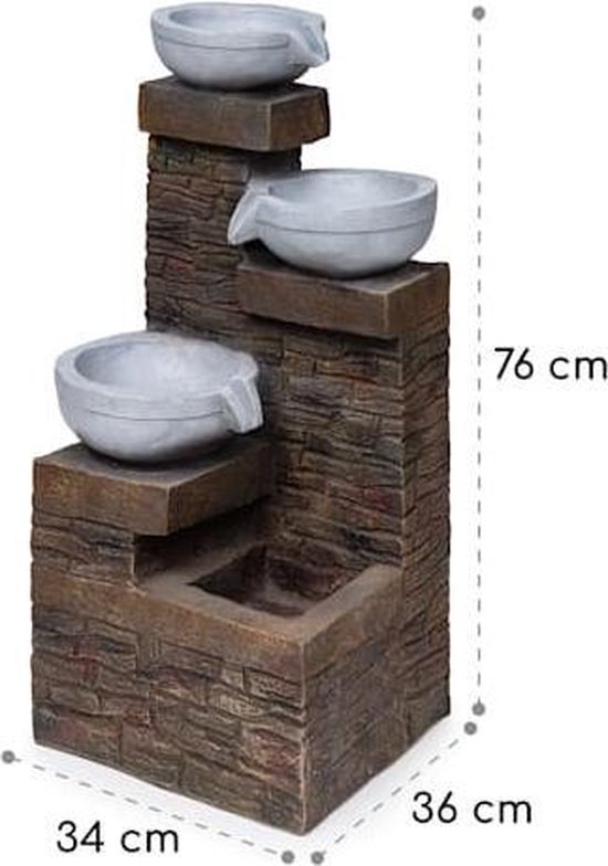 Fontaine Solaire Décorative Blumfeldt Fez - 3 Niveaux Cascade + éclairage LED - 76x34x36cm - Polyrésine Aspect Pierre - Intérieur/extérieur