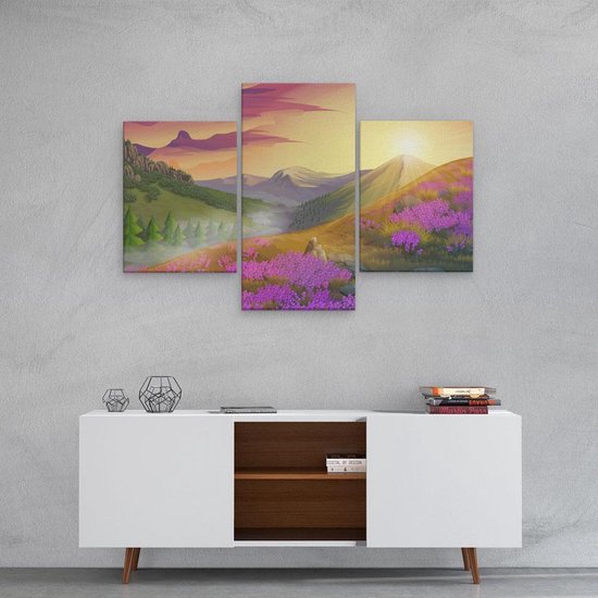 Artaza Canvas Schilderij Drieluik Lavendel Bloemen In De Bergen - Abstract - 90x60 - Foto Op Canvas - Canvas Print