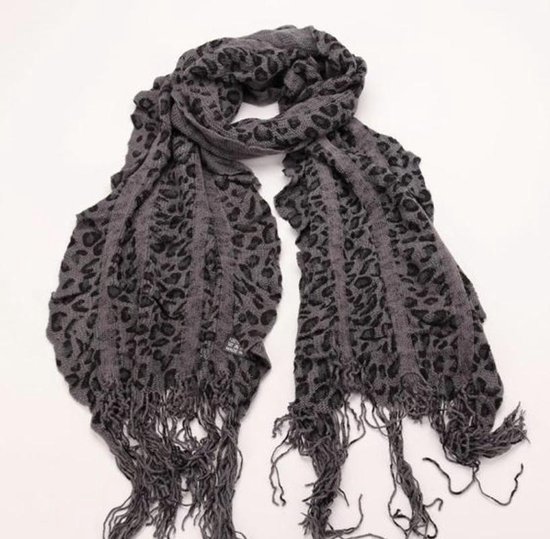 Sjaal herfst/winter geplooid met panterprint zwart/grijs 180/32cm