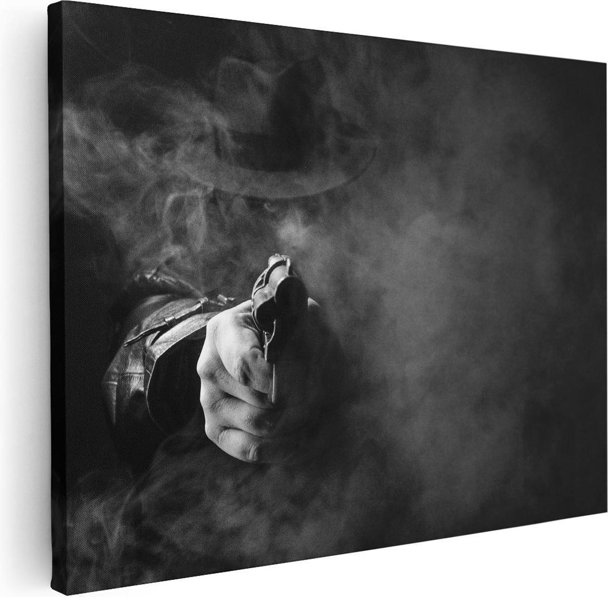 Artaza Canvas Schilderij Man Met Een Hoed Trekt Zijn Pistool - Zwart Wit - 40x30 - Klein - Foto Op Canvas - Canvas Print