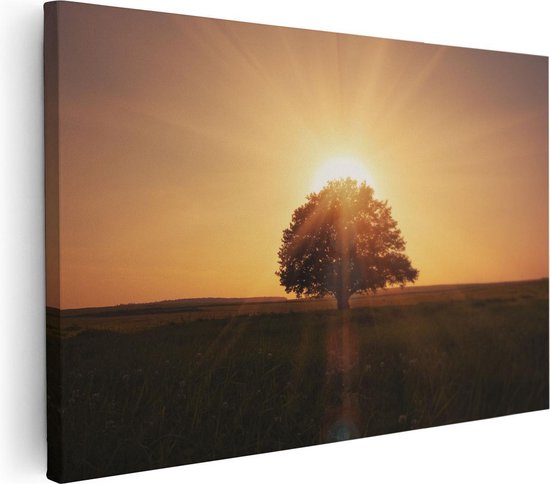 Artaza Canvas Schilderij Zonsondergang Achter Een Grote Boom - 120x80 - Groot - Foto Op Canvas - Wanddecoratie Woonkamer