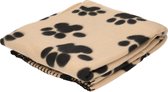 Fleece deken voor huisdieren met pootafdrukken 125 x 157 cm beige/zwart - katten/poezen dekentje - Hondenmand plaid