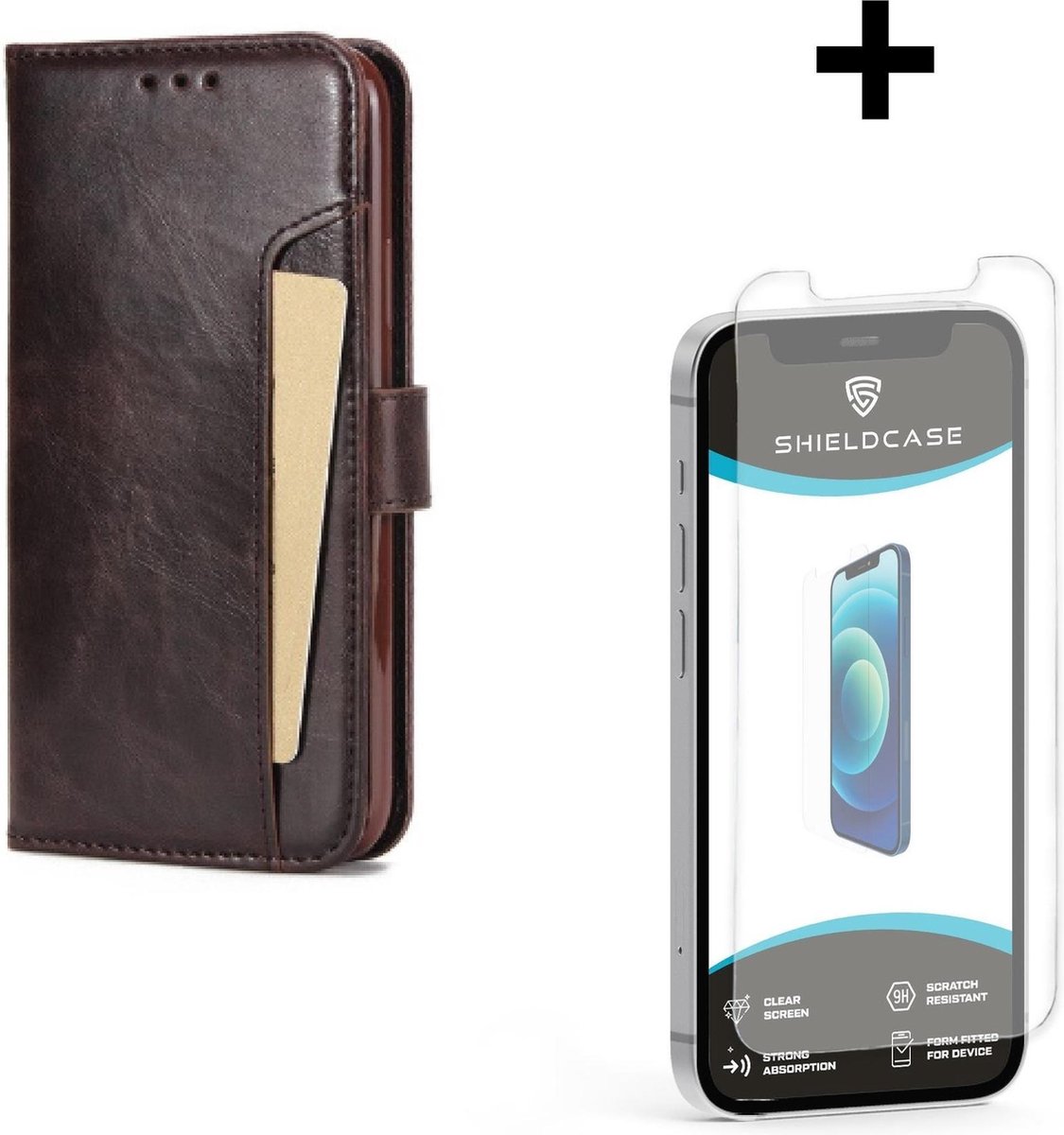 ShieldCase geschikt voor Apple iPhone 12 Pro Max Extra space book case - bruin + glazen Screen Protector