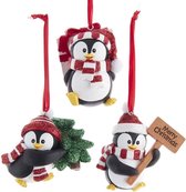 Kurt S. Adler Kerstornament - Pinguins met kerstboom - set van 3 - zwart rood - 7,5cm