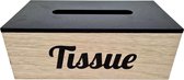 Zwart tissuebox van hout in met naturel houten deksel met de tekst " Tissue "