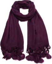 Sjaal herfst/winter effen lang met pomponnetjes paars 180/56cm
