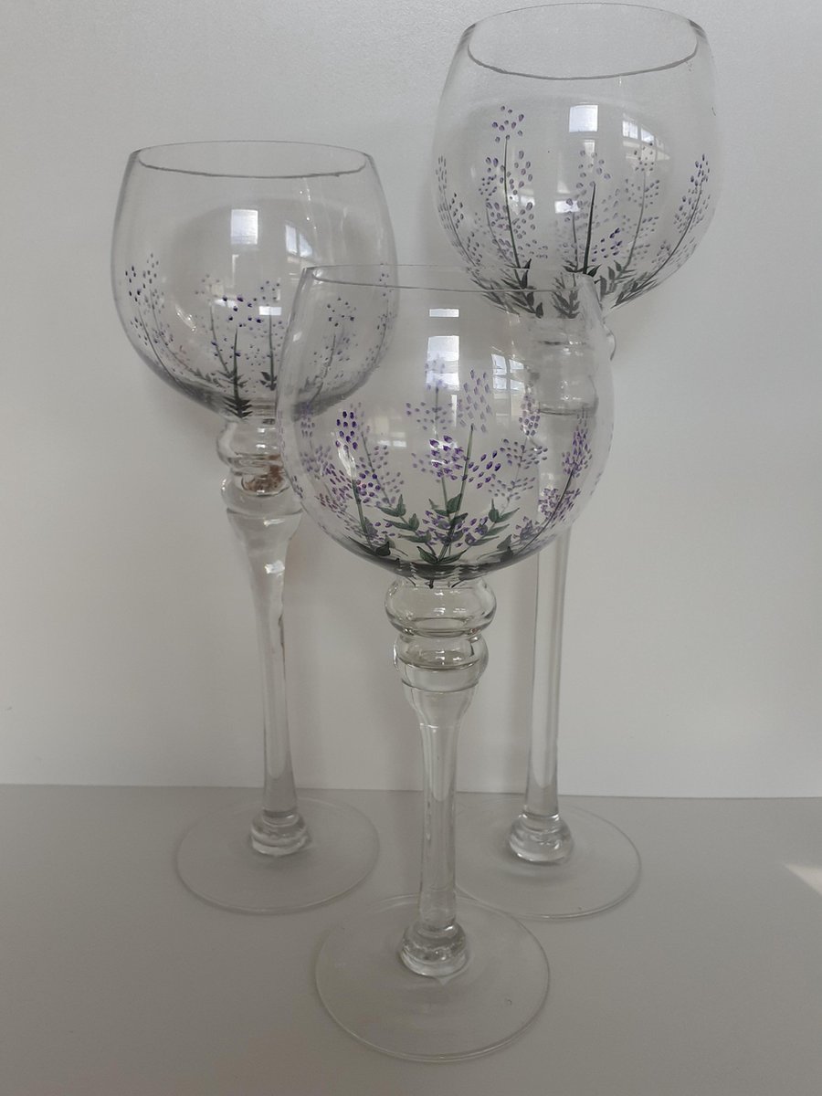 Luxe glazen set van 3 Glazen KERST met lavendel takjes erop 40-35-30 cm Hoog van G.Wurm