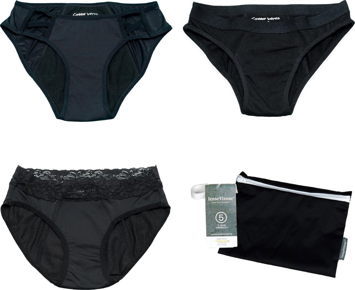 Set van 3 + wetbag - Cheeky Pants menstruatie ondergoed 1 x Feeling Sassy+ 1 x Pretty + 1 x Sport - zwart