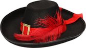 Musketier hoed met zwarte band en rode veer - Carnaval/feest hoeden musketier zwart - Verkleed hoeden