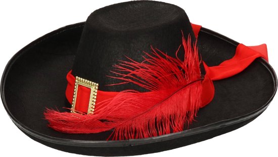 Musketier hoed met zwarte band en rode veer - Carnaval/feest hoeden  musketier zwart -... | bol.com