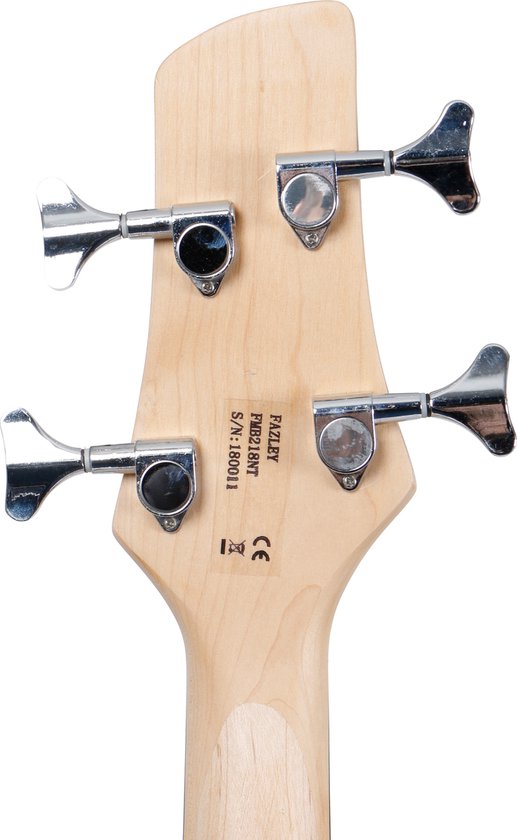 De kop van een basgitaar met 'Fazley' logo. Met vier chromen stemmechanieken en een sticker met 'CE' en 'S/N: 180011'.
