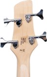 De kop van een basgitaar met 'Fazley' logo. Met vier chromen stemmechanieken en een sticker met 'CE' en 'S/N: 180011'.