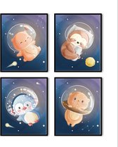 Poster Set 4 Beer Luiaard Pinguin Egel Ruimte / Space Dieren - Kinderkamer - Dierenposter - Babykamer / Kinderposter - Babyshower Cadeau - Muurdecoratie - 70x50cm - Postercity